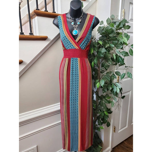 Women's Multicolor Polyester Blend V-Neck Sleeveless Casual Long Maxi Dress XS