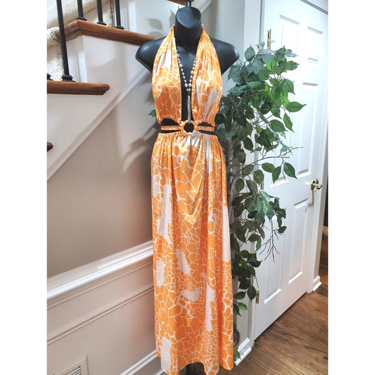 Leticia Orange Polyester Halter Neck Sleeveless Casual Long Maxi Dress Medium