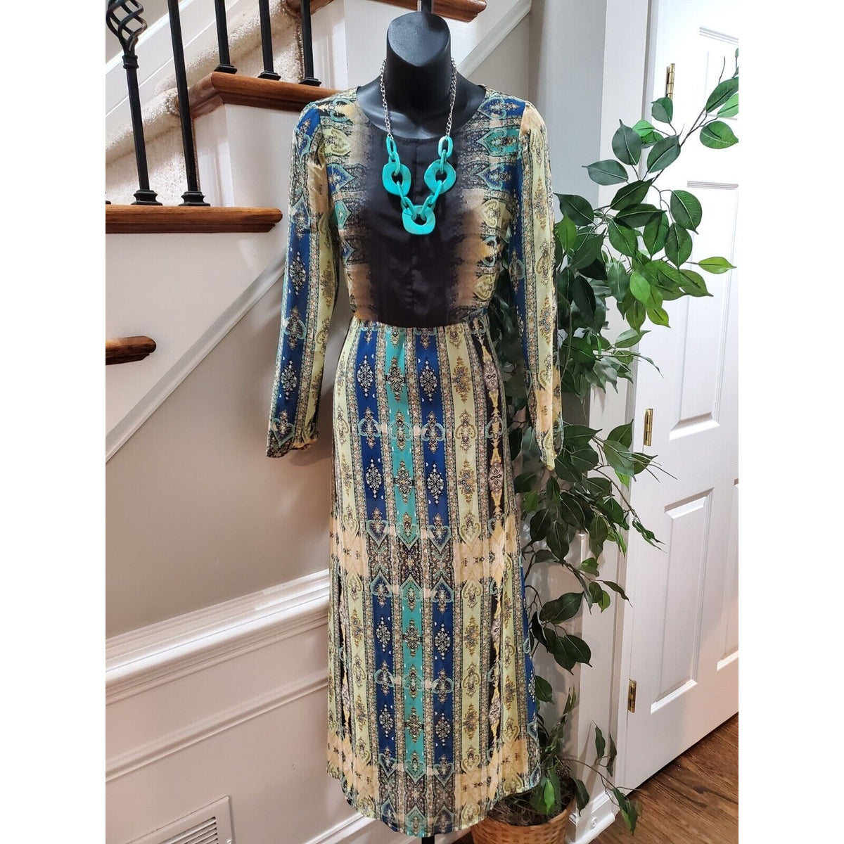 Women's Multicolor Polyester Round Neck Long Sleeve Casual Sheer Maxi Dress XS
