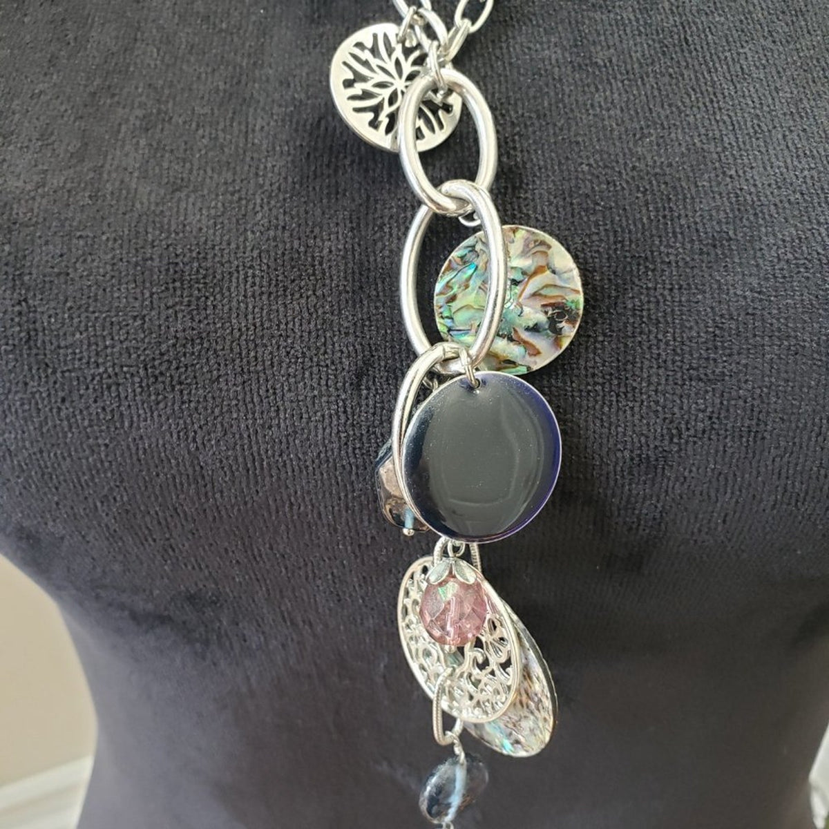 Lia Sophia Neptune Windsong Silvertone Necklace Genuine Abalone Glass Beads