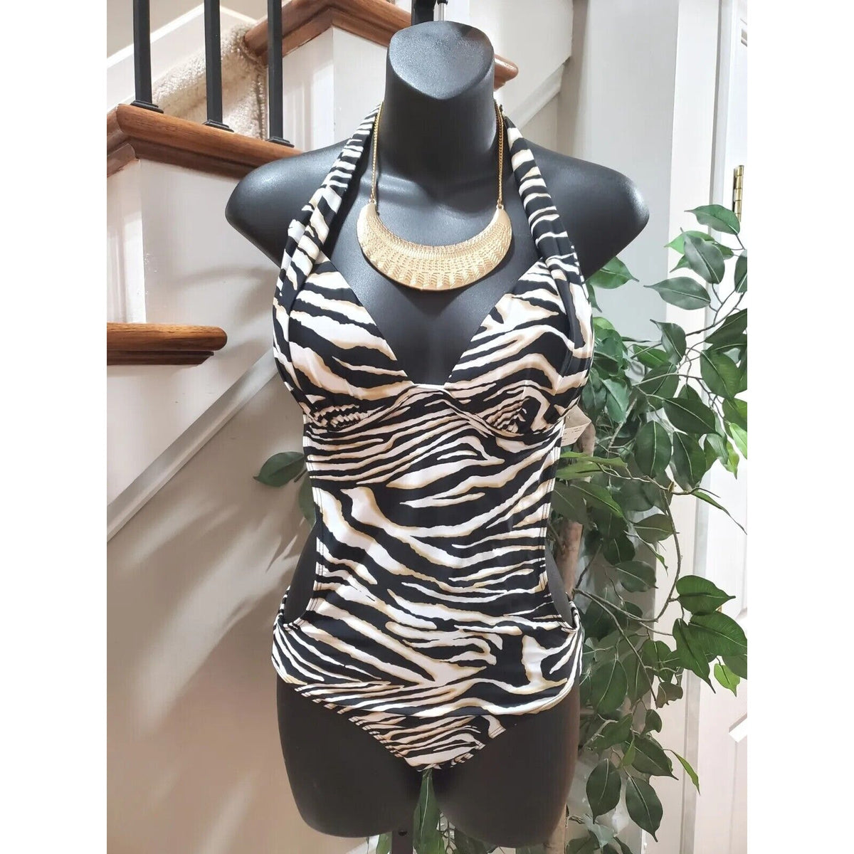 Apollo Womens Black White Nylon Halter Neck Sleeveless 1 Piece Swimsuit Size XL