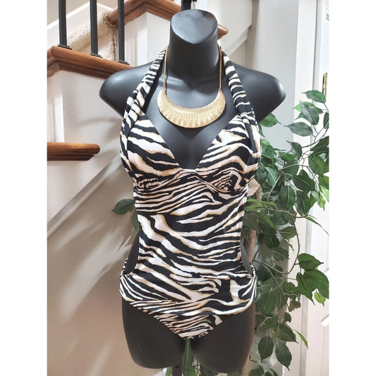 Apollo Womens Black White Nylon Halter Neck Sleeveless 1 Piece Swimsuit Size XL