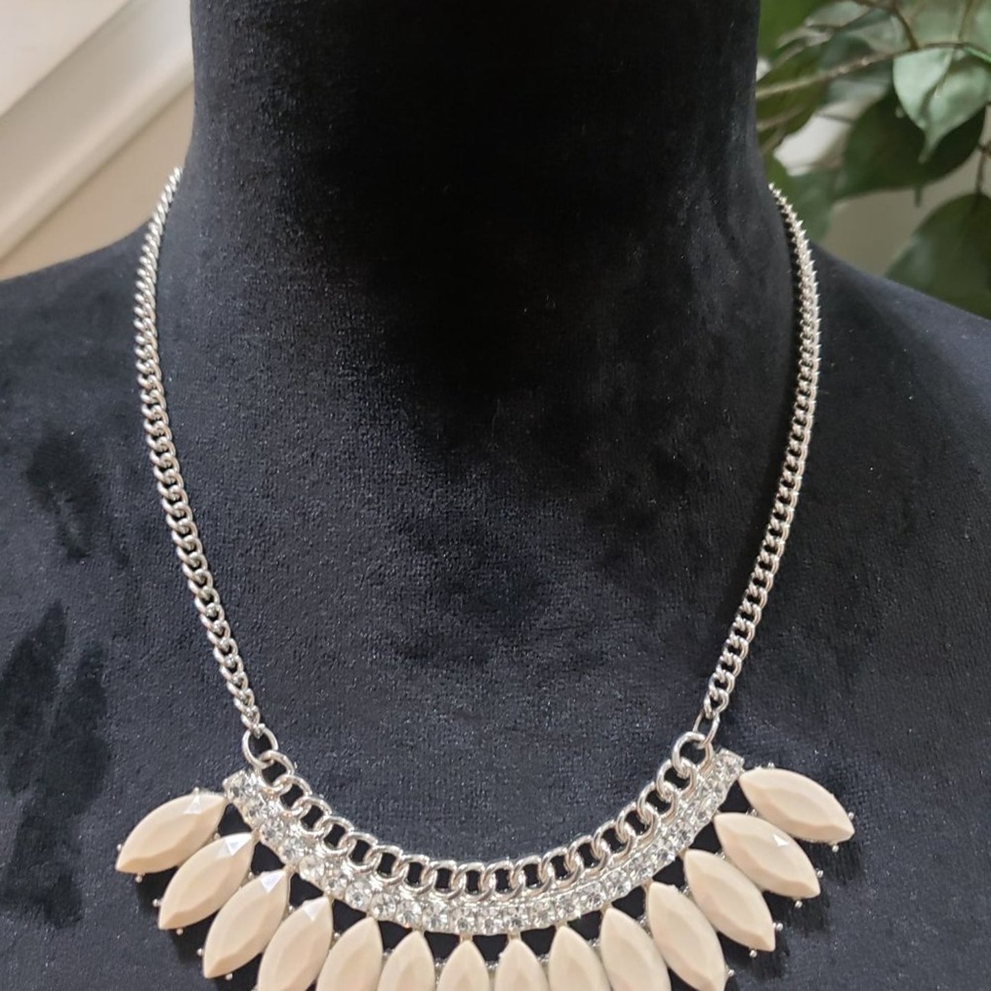 Women's Cream Rhinestone Statement Bib Lobster Clasp Necklace