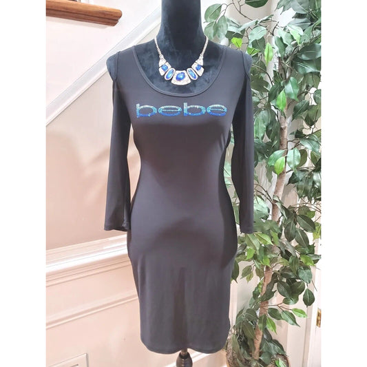 BEBE Women's Logo Blue Swarovski Black Knit Bodycon Dress Size XS