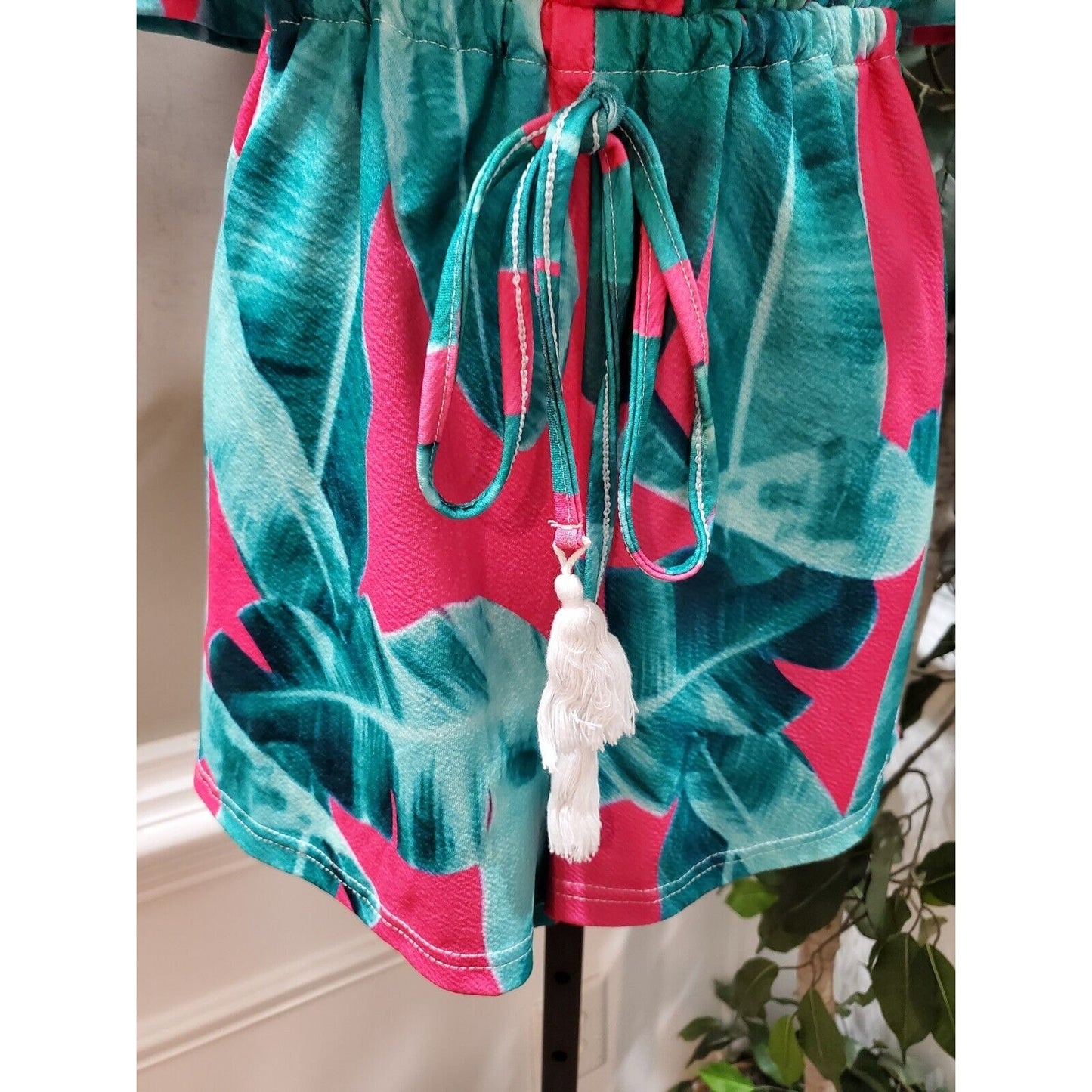 Famulily Women's Pink & Blue 100% Polyester V-Neck 3/4 Sleeve Casual Romper L
