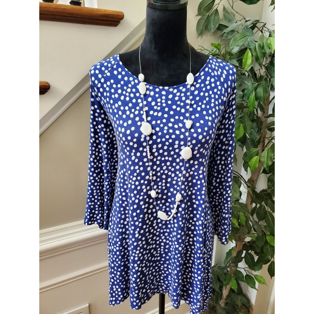 Chico's Blue Polka Dot Rayon Round Neck Long Sleeve Casual Top Blouse (3) XL