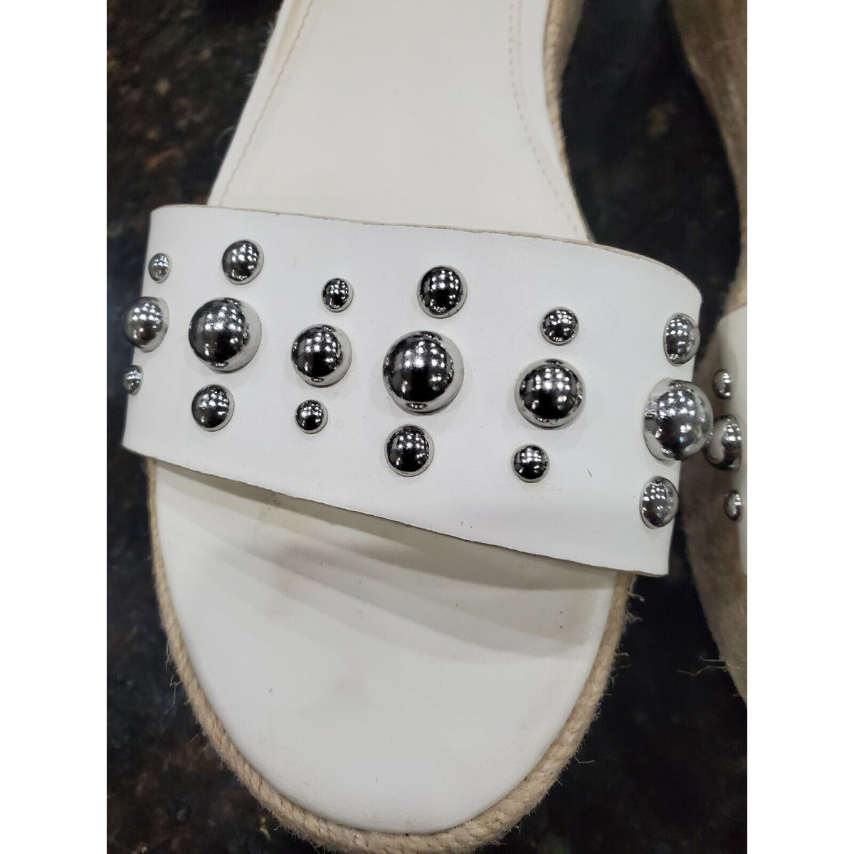 Marc Fisher Joyce Silver Studded Platform Espadrille Sandals White Women Size 7M