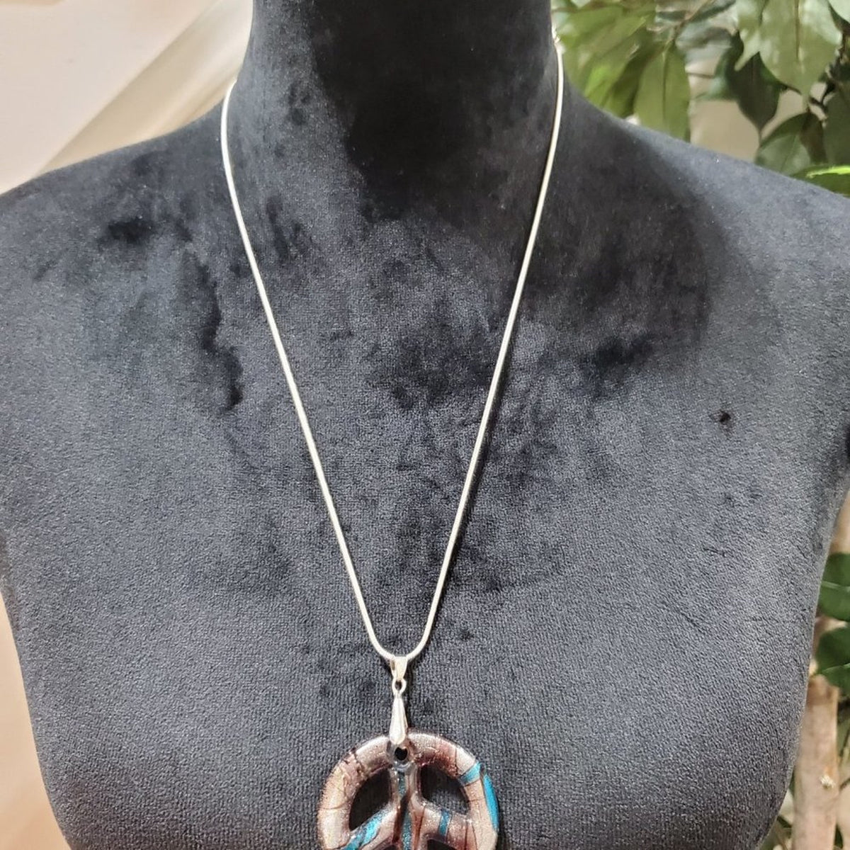Women's Gold & Blue Peace Sign Murano Glass Style Pendant Necklace