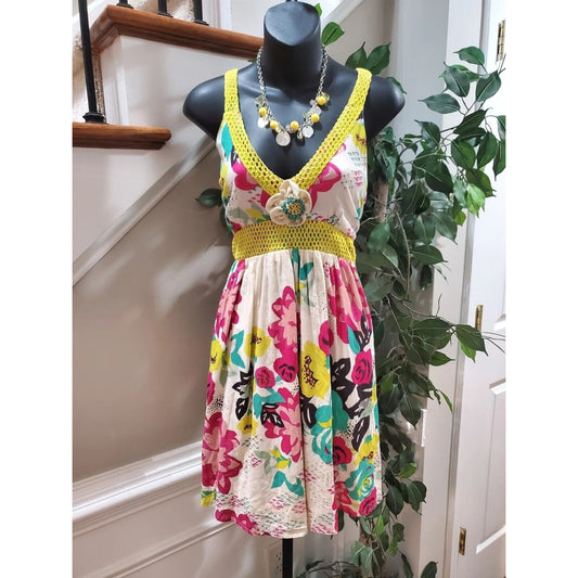 Bohemian Bird Women's Floral Cotton V-Neck Sleeveless Knee Length Dress Size M