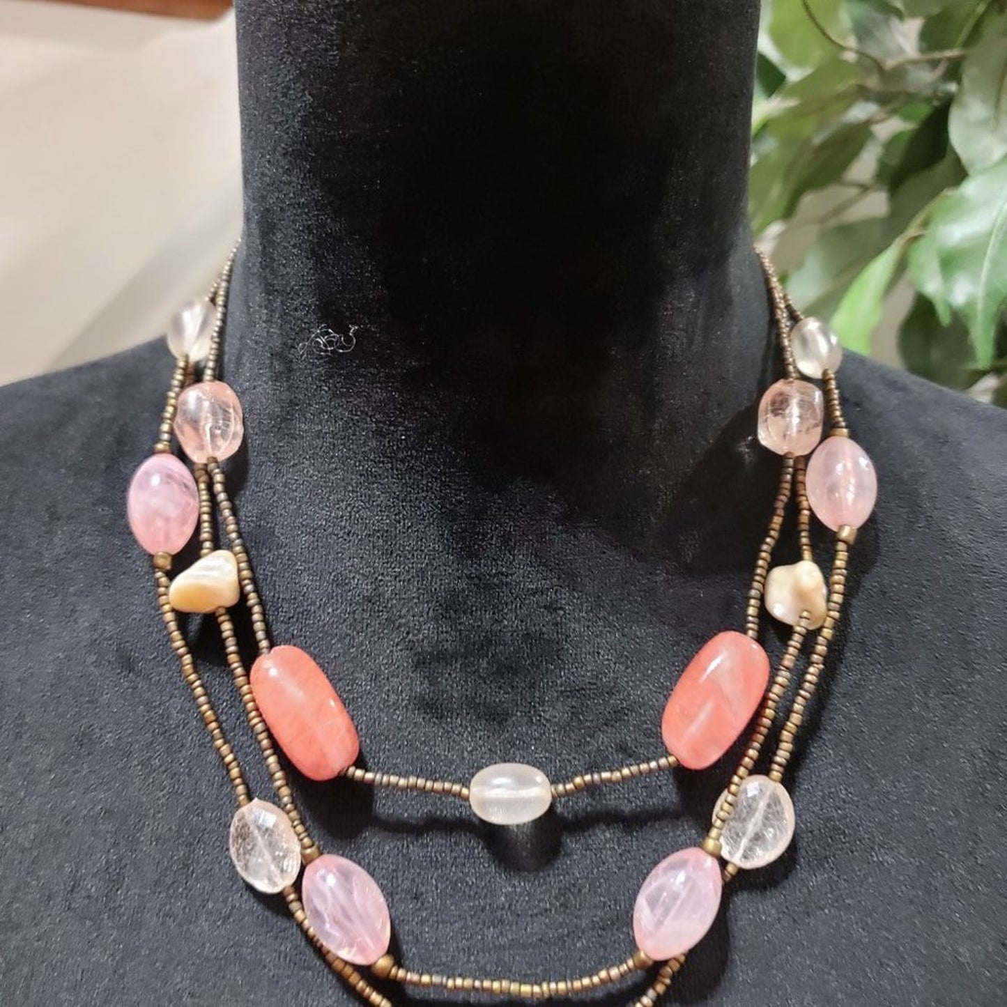 Womens Fashion Triple Strand Beaded Charm Collar Necklace with Lobster Clasp