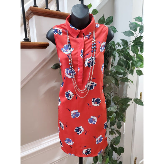 Banana Republic Red Floral 100% Polyester Sleeveless Knee Length Shirt Dress 6