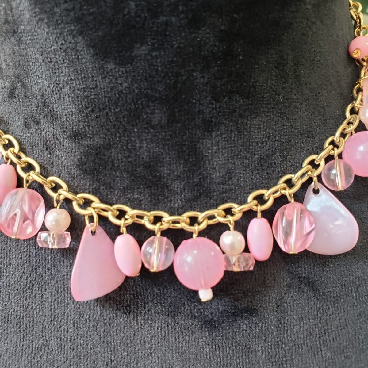 Womens Fashions Pink Glass Beaded Gemstone Collar Necklace with Lobster Clasp