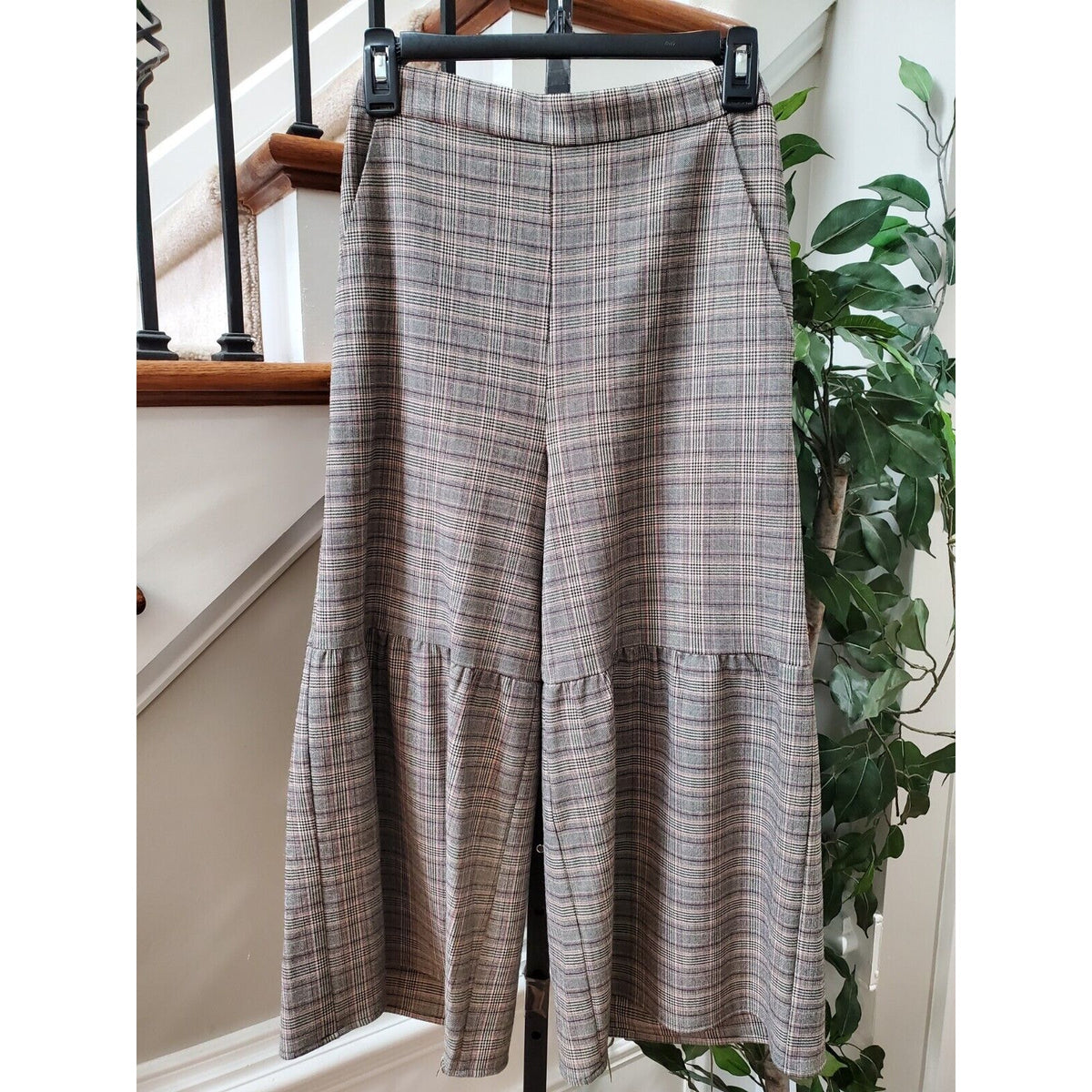 BCBG Generation Gray Plaid Polyester Elastic Waist Wide Leg Culotte Pant XS