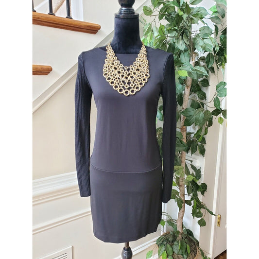 Loft Women's Black Solid Rayon Round Neck Long Sleeve Casual Knee Length Dress 2