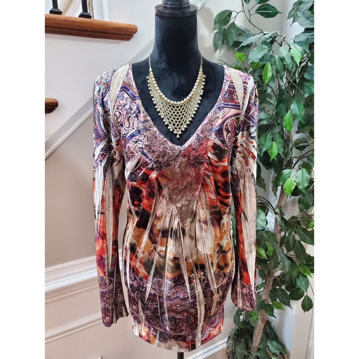 Live and Let Live Women Multicolor Polyester V-Neck Long Sleeve Top Blouse XL