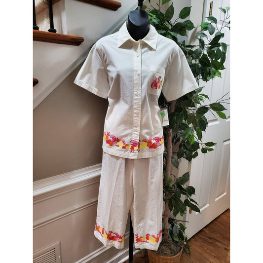 Cappagallo Women White Cotton Short Sleeve Shirt (M) & Trouser (S) 2 Piece Suit