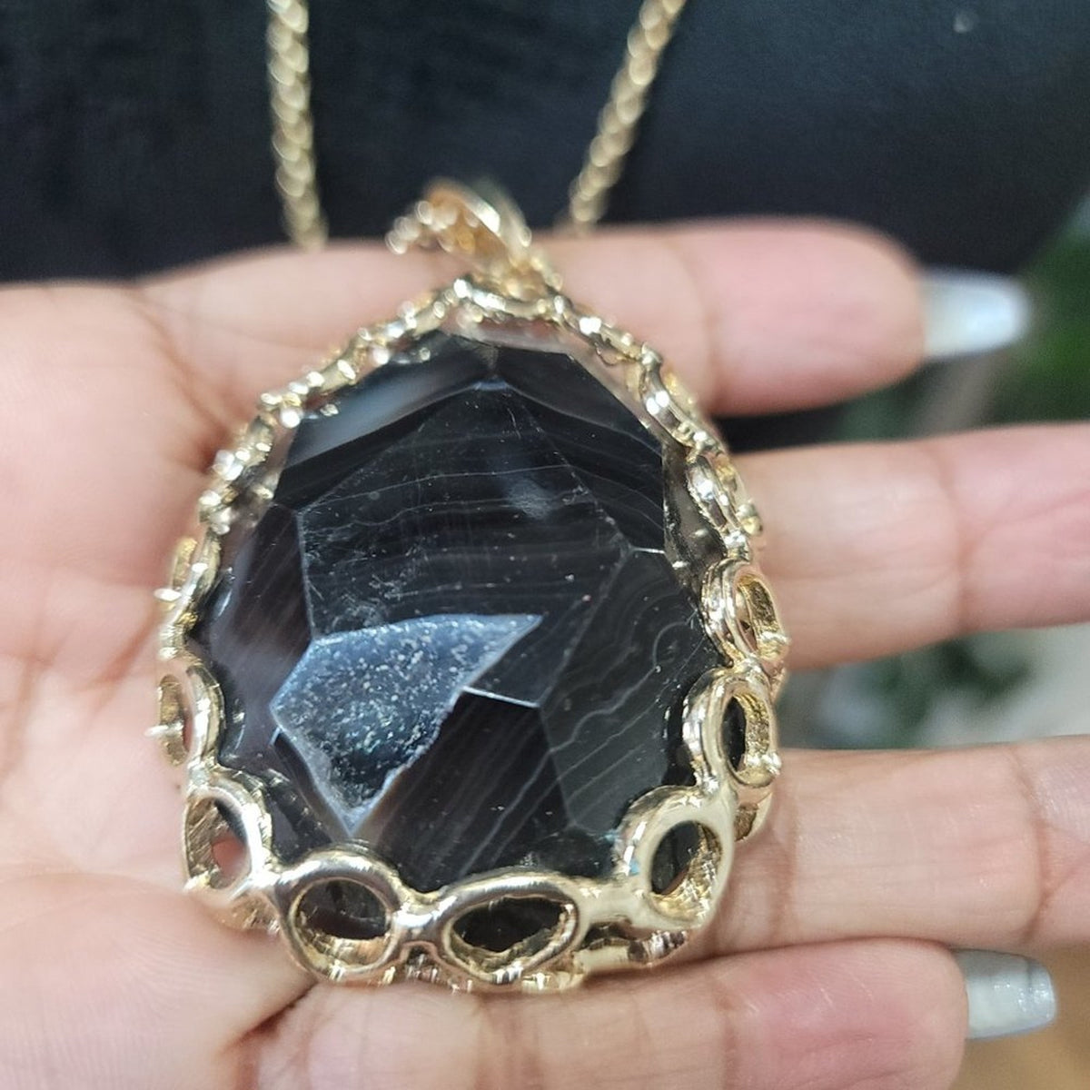 Womens Gold Plated Big Glass Black Charm Pendant Necklace