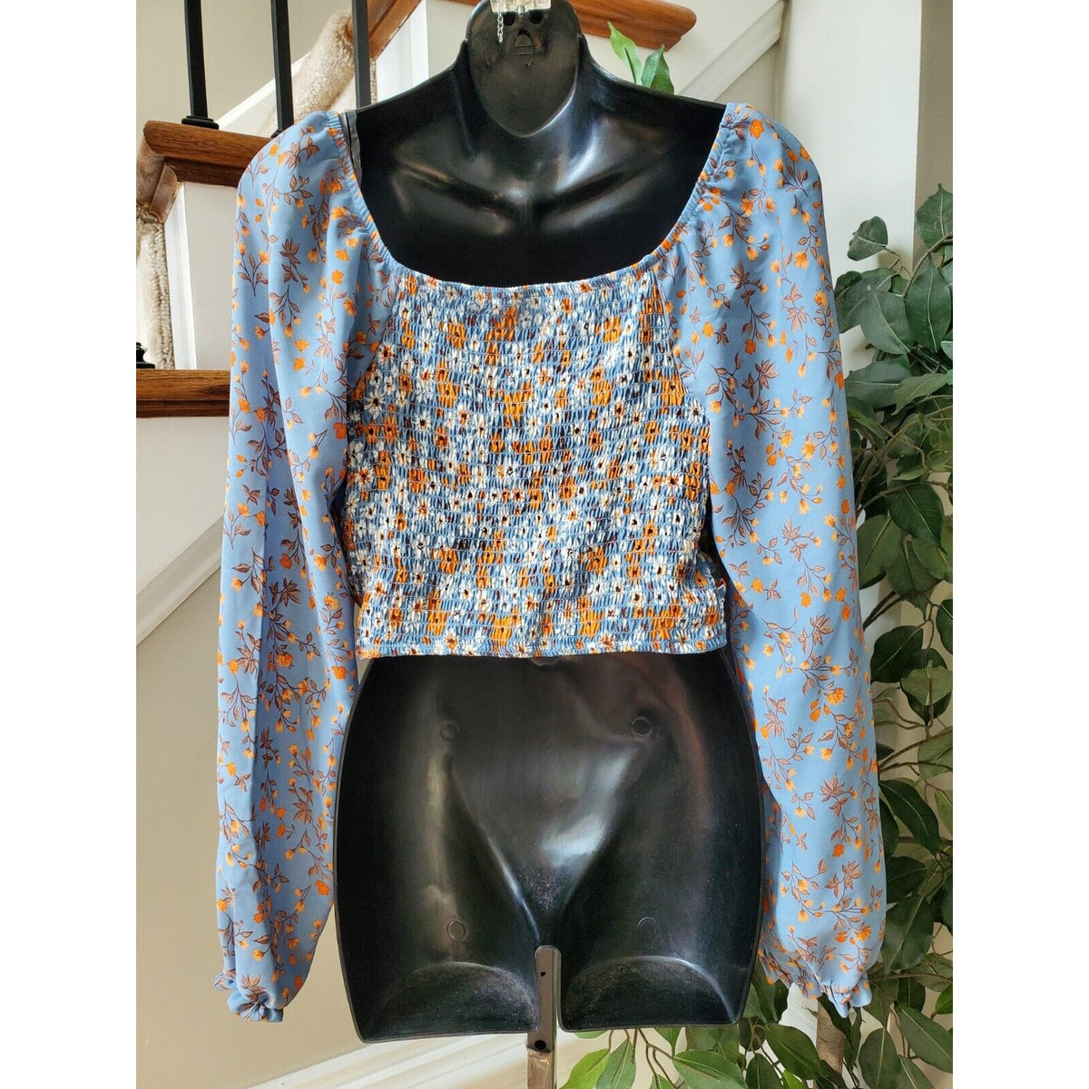 Madden Nyc Women Floral Polyester Sweetheart Neck Long Sleeve Top Blouse Size L