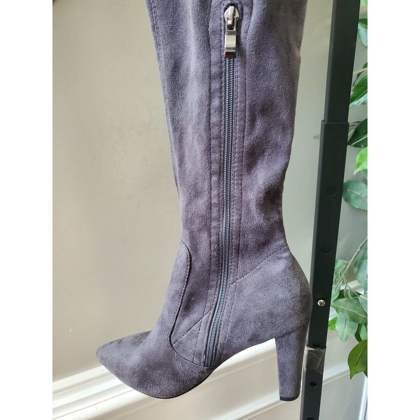 Gray Women's Suede Leather Pointed Toe Block Heel Knee High Boots Size 41 (9.5)