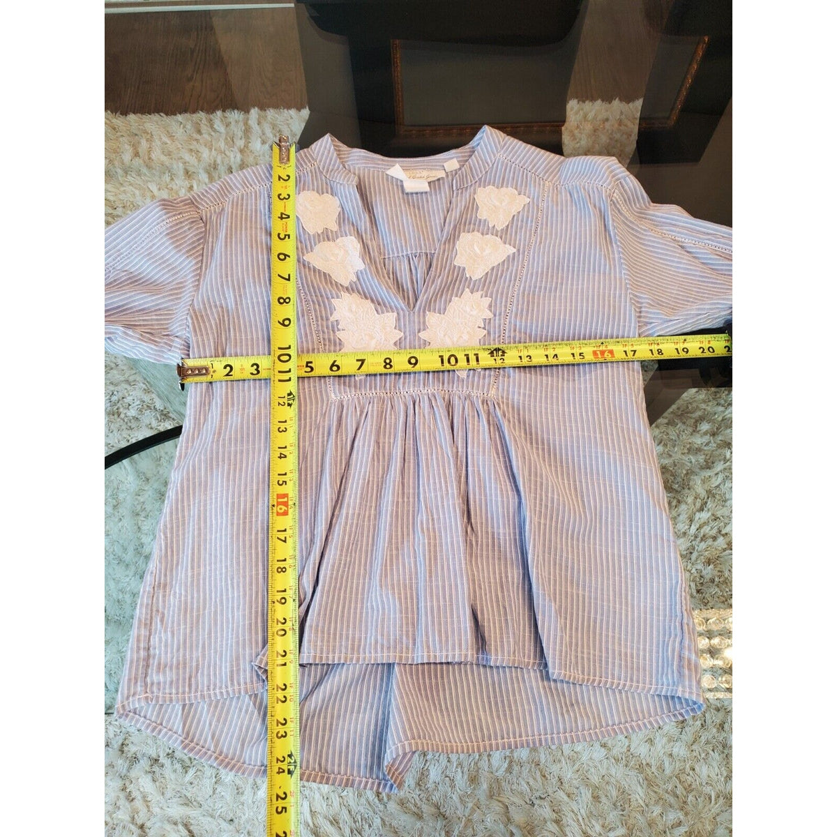 L.O.G.G Women's Blue Striped 100% Cotton V-Neck Long Sleeve Casual Top Blouse 2