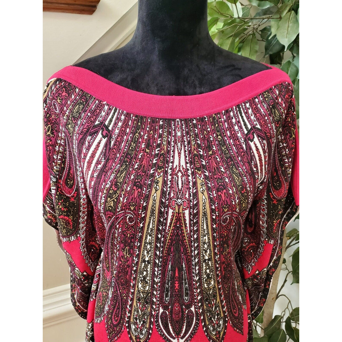Cache Top Poncho Blouse Pink Paisley Knit Kimono Batwing Sleeves No Belt Size M
