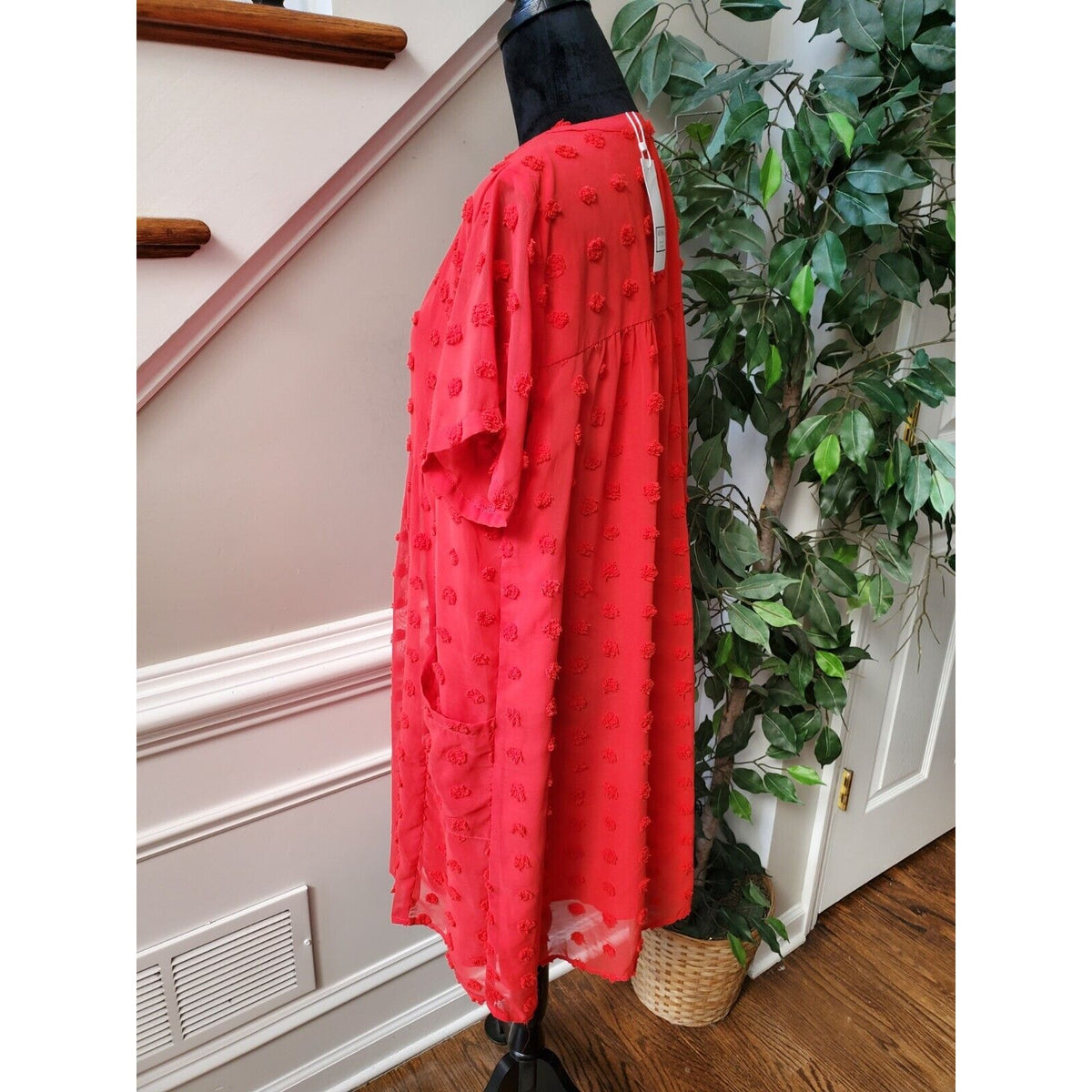 Miholl Red Pom Pom Babydoll Polyester V-Neck Short Sleeve Dress X-Large