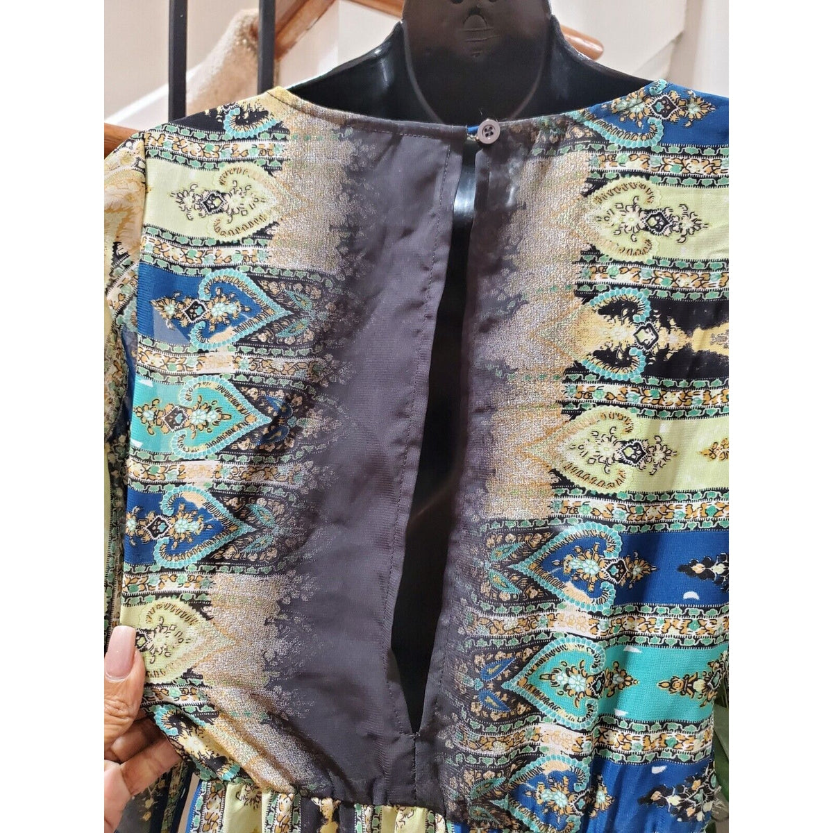 Women's Multicolor Polyester Round Neck Long Sleeve Casual Sheer Maxi Dress XS