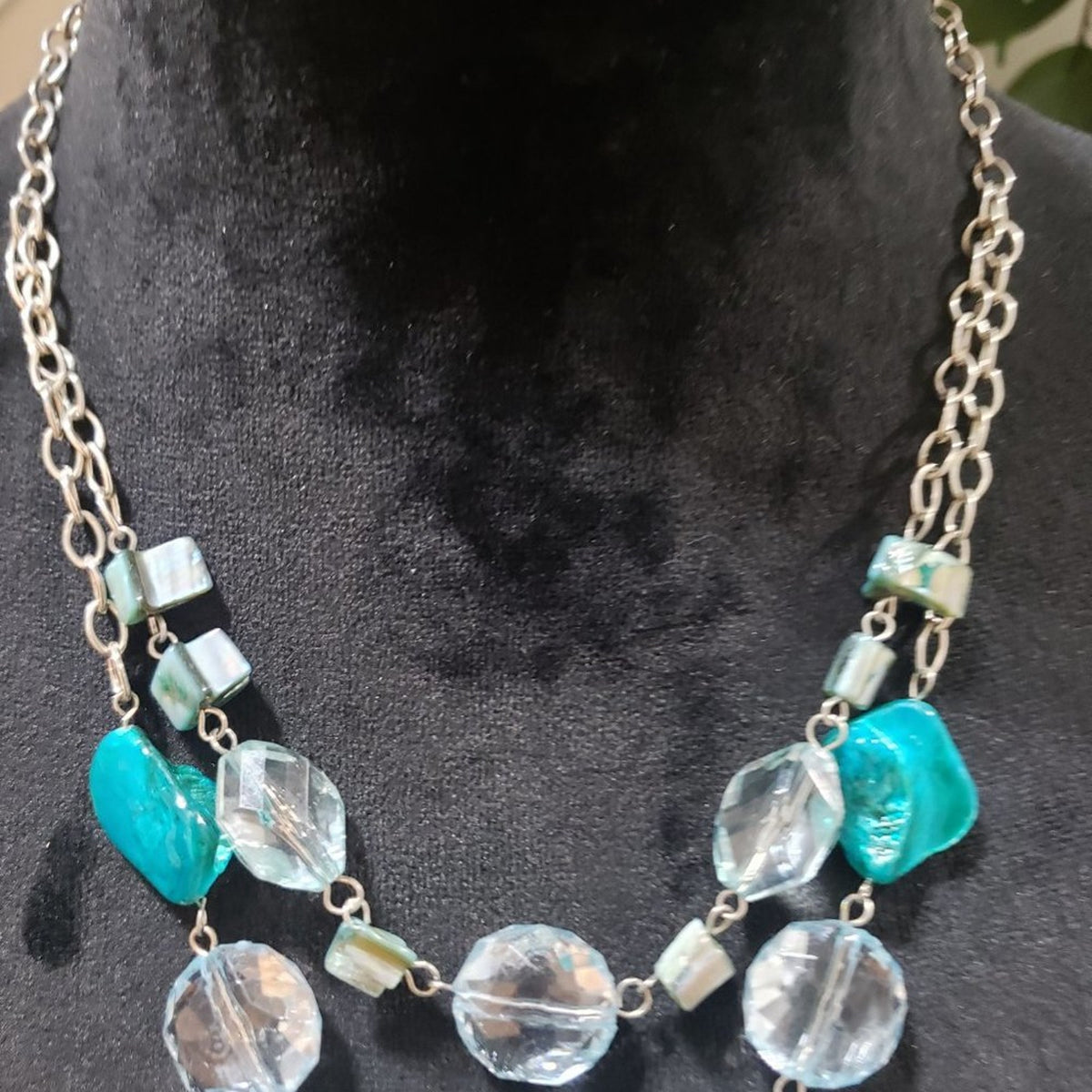 Womens Double Layered Clear Crystals, Glass and Shell Beads Pendant Necklace