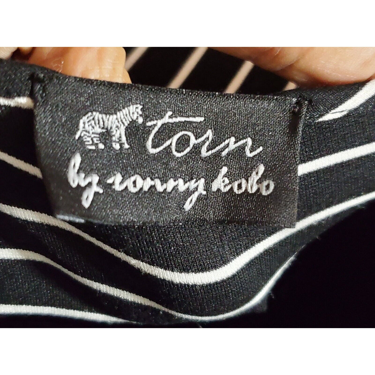 Torn by Ronny Kobo Off Shoulder Black Striped CutOut Sleeve Knee Length Dress XS