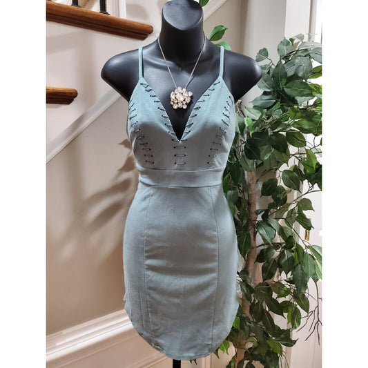 Privately Privileged Women Green Polyester V-Neck Sleeveless Knee Length Dress S