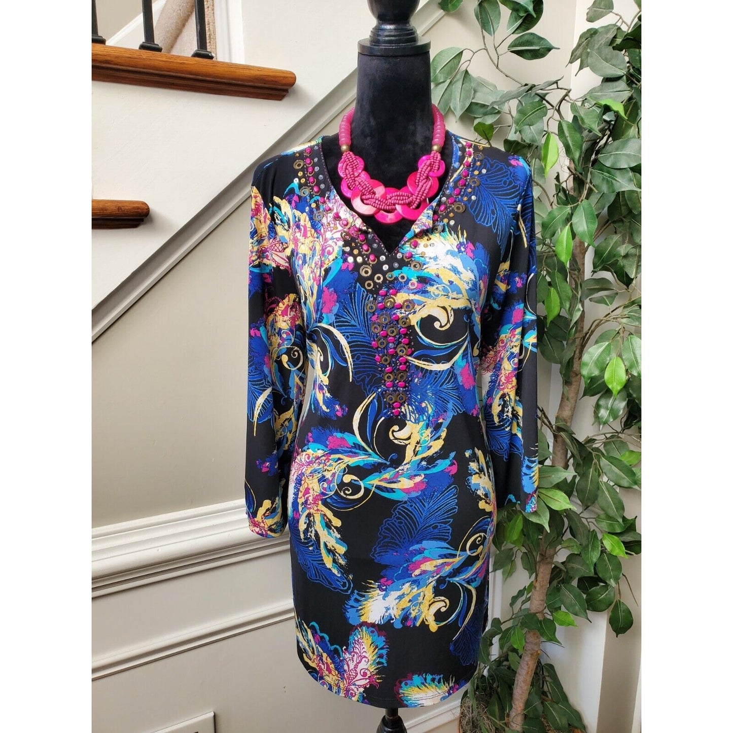 Style & Co. Women's Blue & Black Polyester V-Neck Long Sleeve Top Blouse Size L