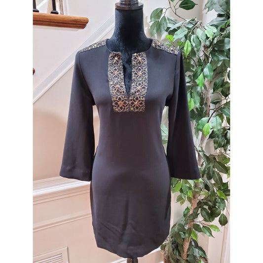 Karen Kane Black Embellished Crepe Split Neck Shift Dress w/Pockets Size Small