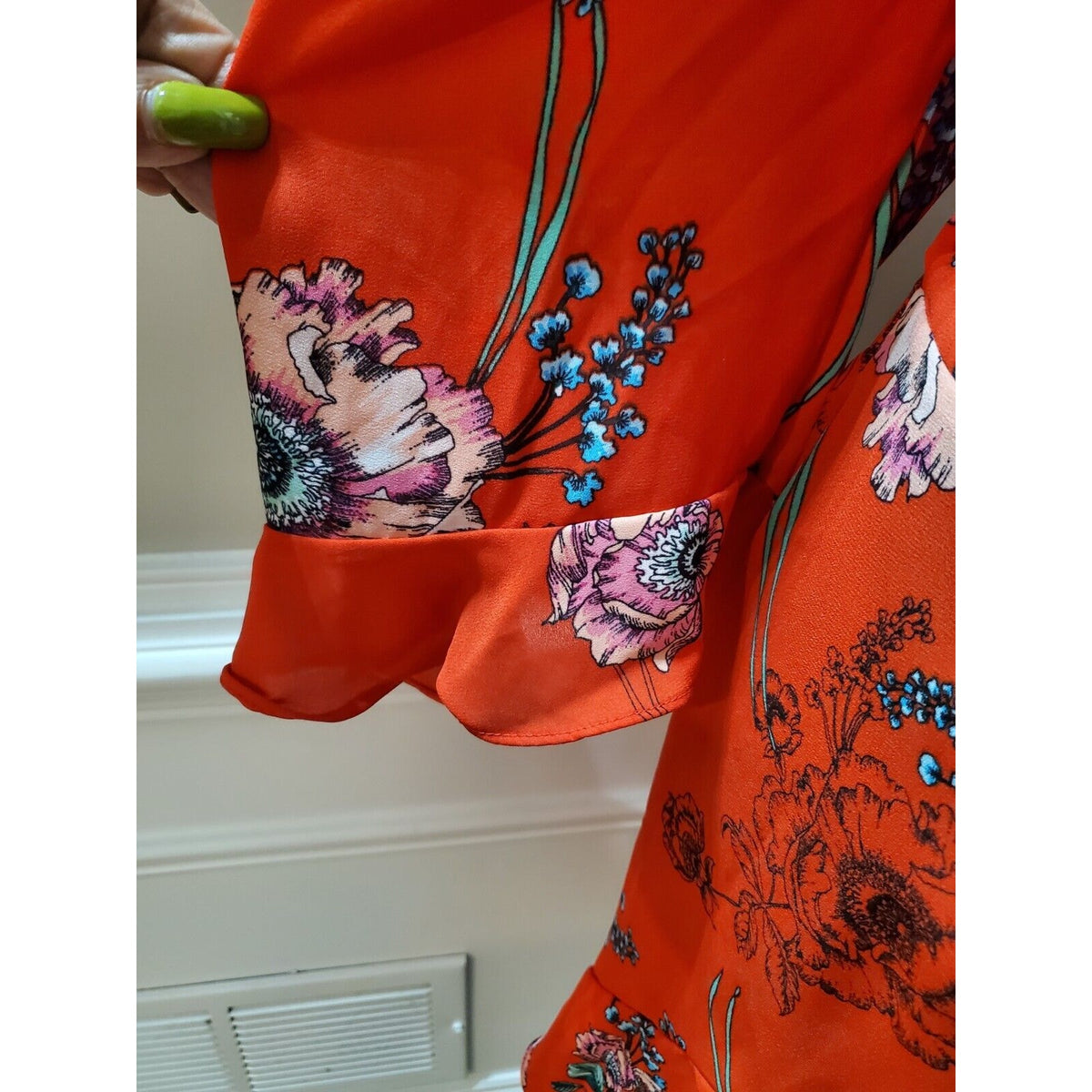 Haute Project Women Red Floral 100% Polyester V-Neck Long Sleeve Top Blouse XL