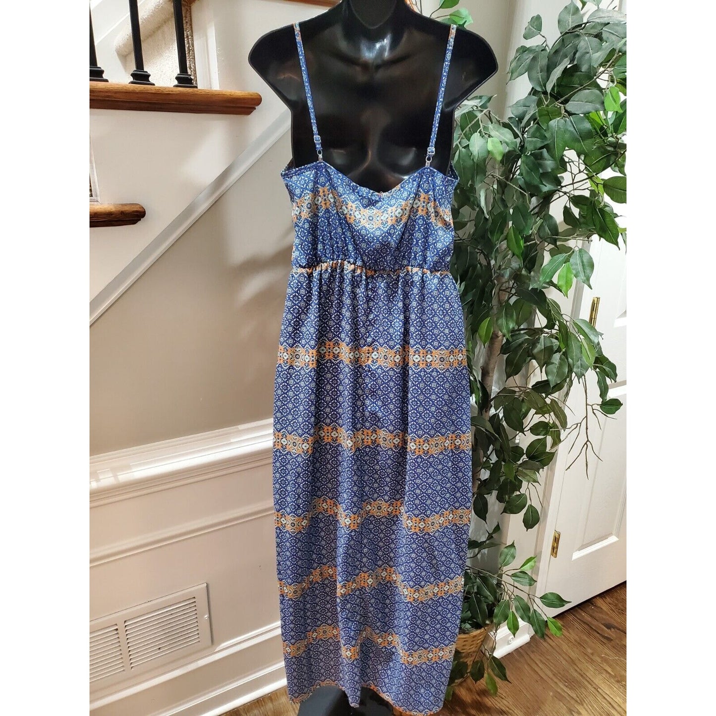 Peach Royal Women Blue Polyester Square Neck Sleeveless Casual Long Maxi Dress M