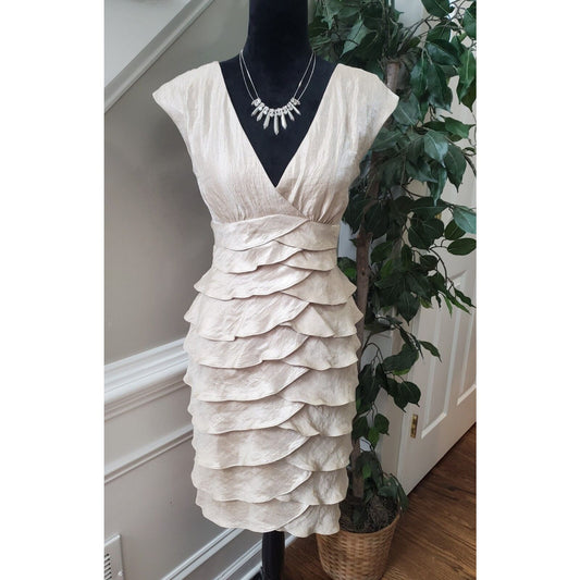 Dressbarn Beige Tiered Shutter Pleated V-Neck Sleeveless Crinkle Taffeta Dress 6