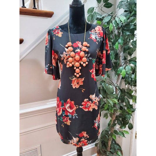 Everly Women's Black Floral Round Neck Short Sleeve Casual Knee Length Dress S