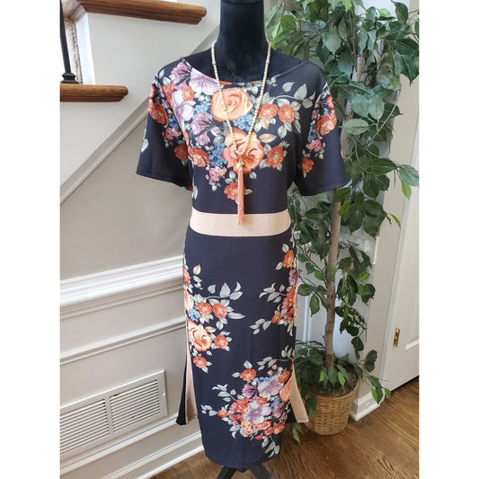SHEIN Women Black Floral Polyester Round Neck Short Sleeve Knee Length Dress 4XL