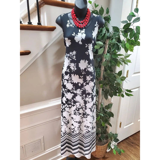 Romans Women Black & White Polyester Round Neck Sleeveless Maxi Dress Size 14/16