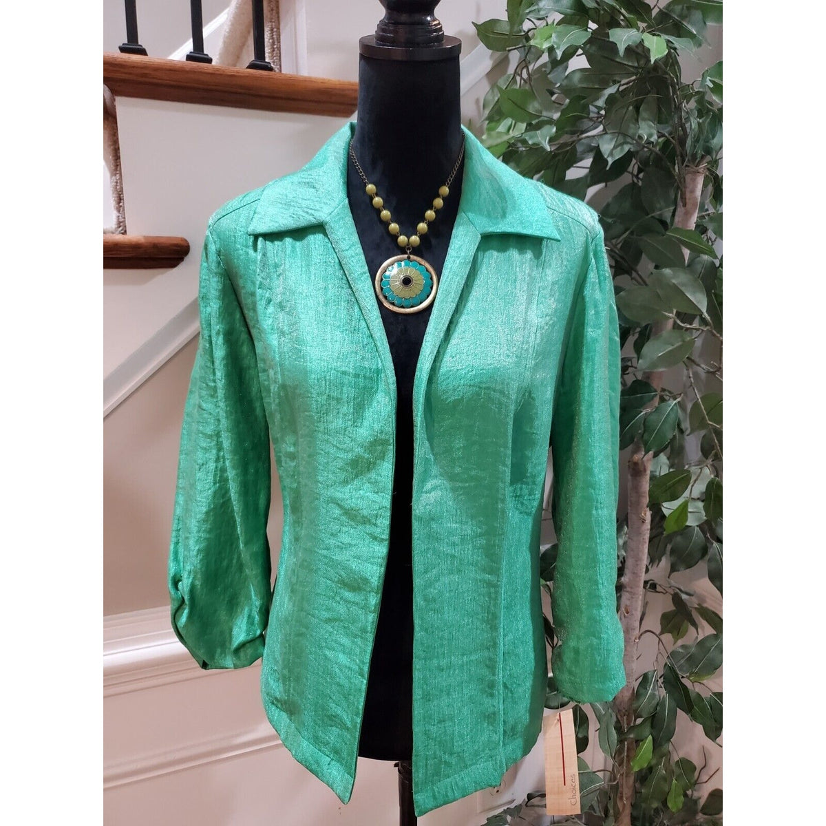 Choices Women's Green Rayon Open Front Long Sleeve Blazer Jacket Size Large