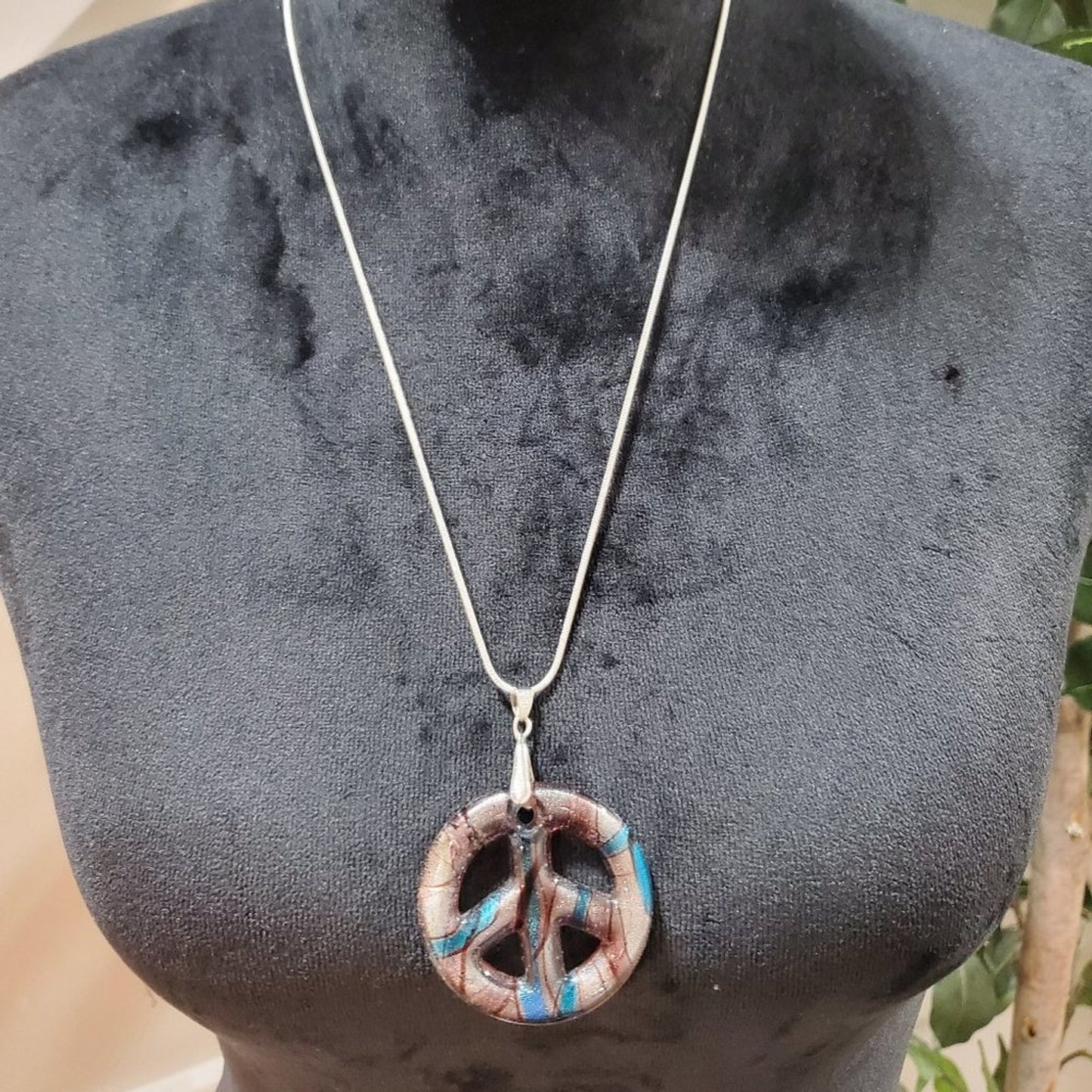 Women's Gold & Blue Peace Sign Murano Glass Style Pendant Necklace