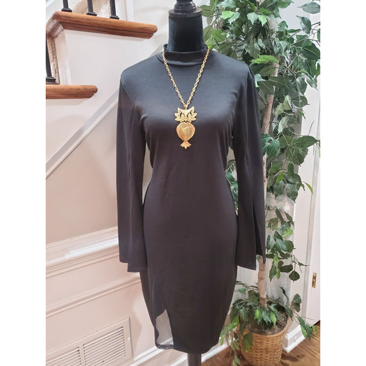 auum Women Black Solid Polyester Mock Neck Long Sleeve Knee Length Dress Size 1X