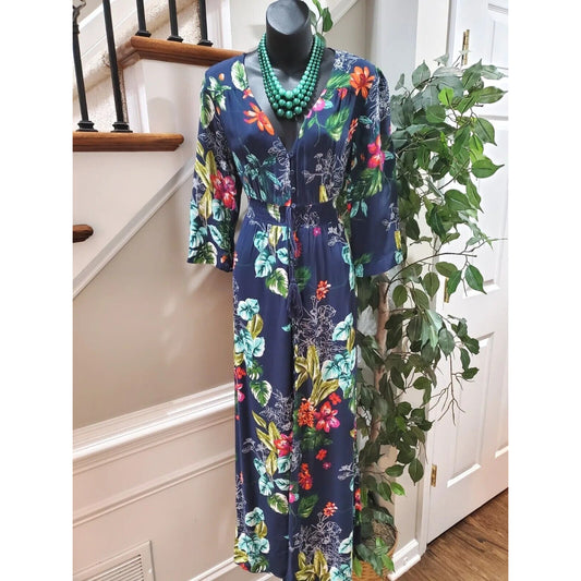 Iris Women's Blue Floral Rayon V-Neck Half Sleeve Knee Length Dress Size Medium
