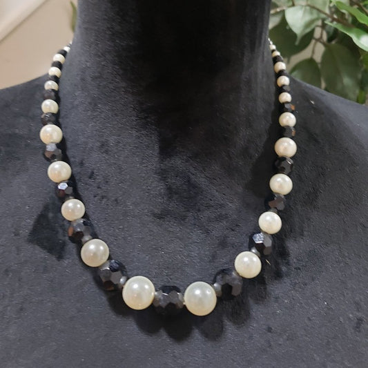 Women's White & Black Round Beaded Statement Stylish Necklace