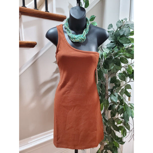 Aura NWT Brown Rust Rayon One Shoulder Off Sleeveless Ribbed Dress Size Small