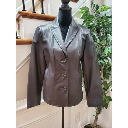 East5TH Women's Black Genuine Leather Long Sleeve Single Breasted Blazer Size M