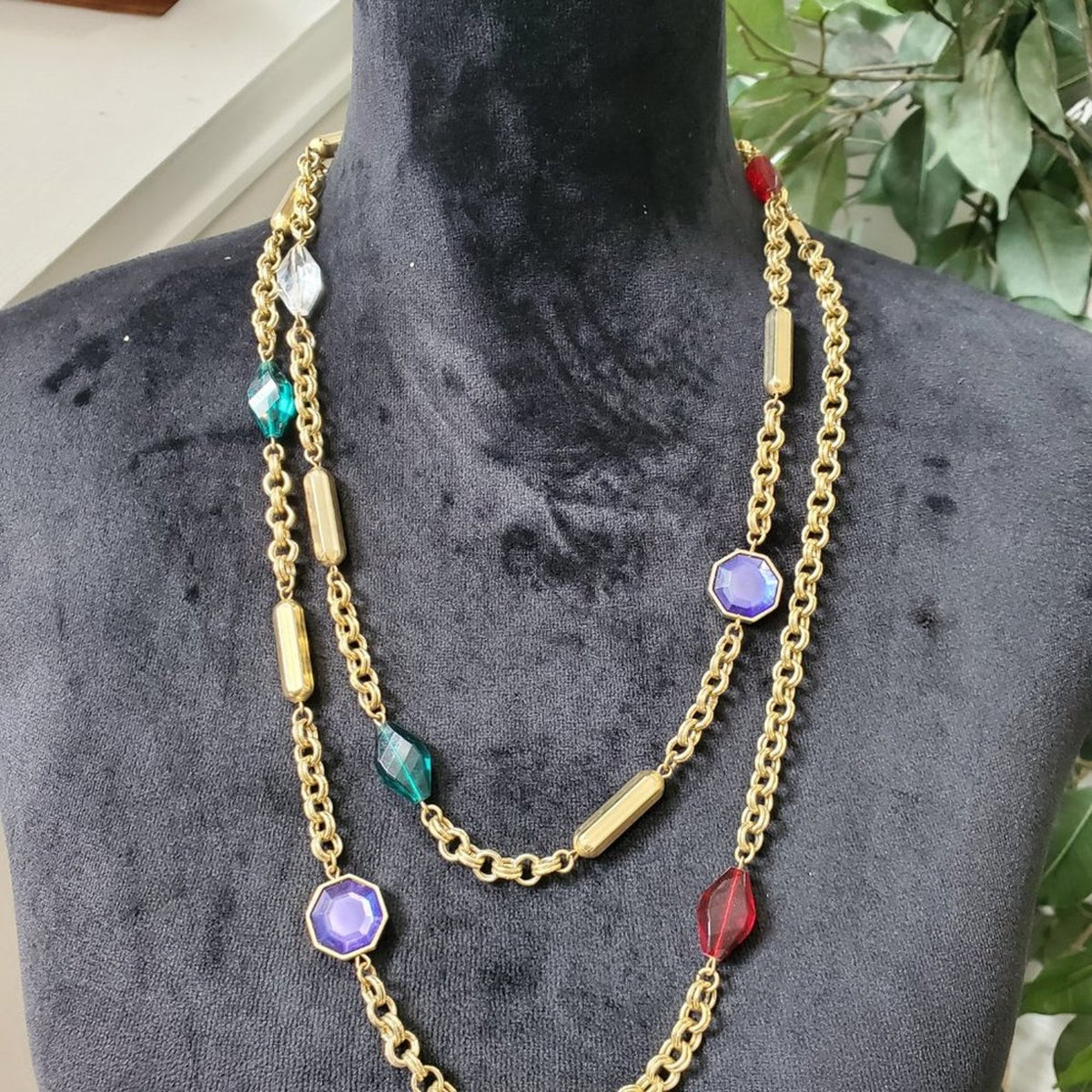 Women's Gold Gemstone Confetti with Lobster Clasp Long Necklace
