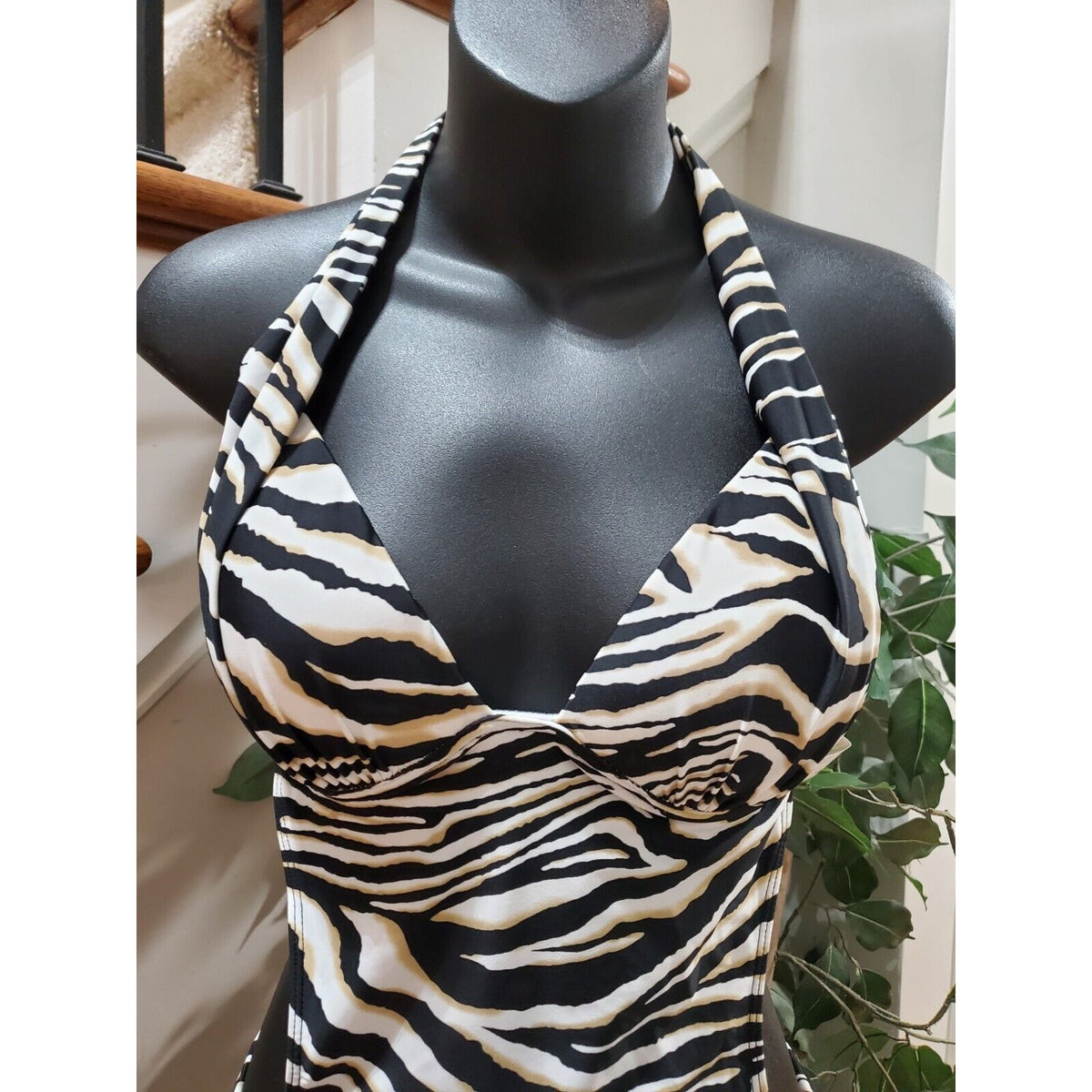 Apollo Womens Black White Nylon Halter Neck Sleeveless 1 Piece Swimsuit Size XL