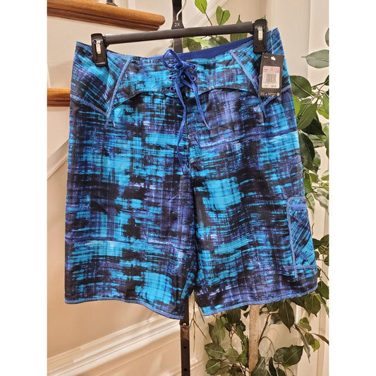 Nike Men's Blue & Black Polyester Pull On Swim Trunk Logo Print Shorts Size 32