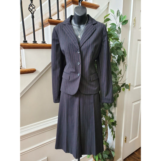 Covington Blue Striped Polyester Single Breasted Blazer & Skirt 2 Piece Suit 10