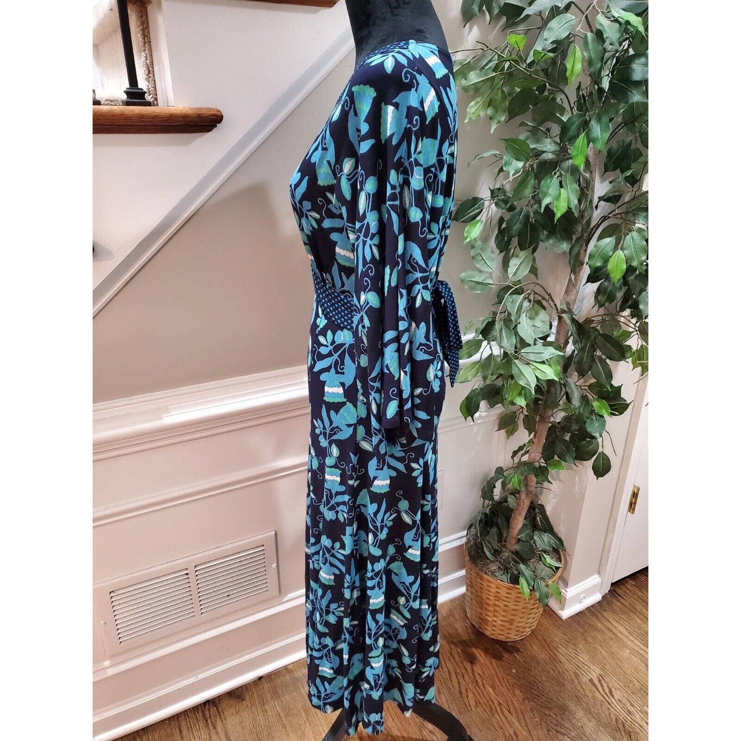 Blue Women's Floral Polyester V-Neck Casual Long Sleeves Knee Length Dress 8